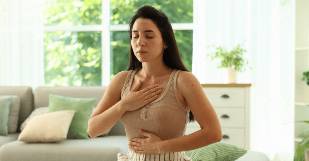 woman using deep breathing from CBT for panic disorder